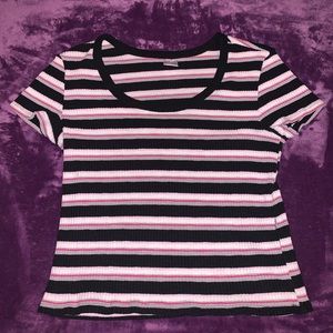 Casual pink, black, and white striped T shirt
